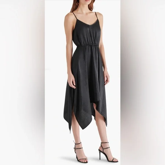 NWT [Steve Madden] Asymmetric Midi Hanky Hem Dress in Black Women’s Sz Large - Picture 3 of 7